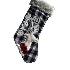 Jingles & Joy Black plaid christmas stocking with white fur deer red collar